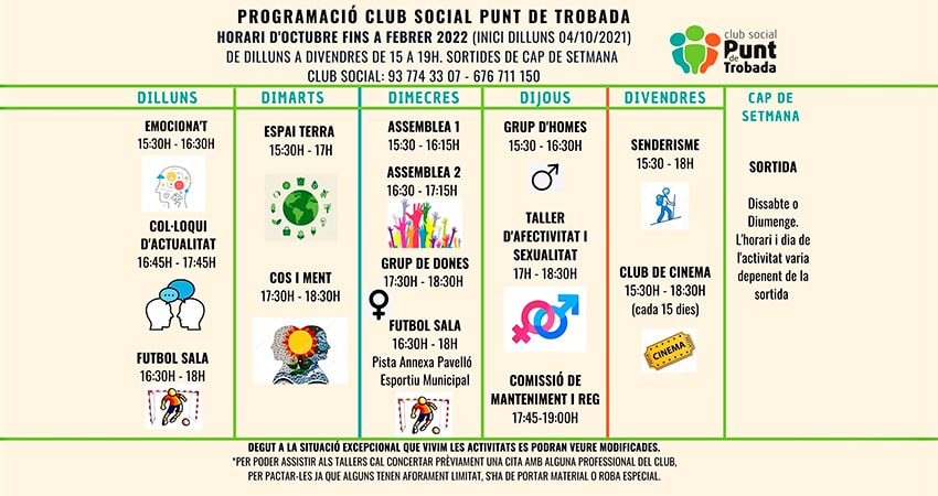 Nous horaris Club Social Punt de Trobada Octubre 21 a Febrer 22